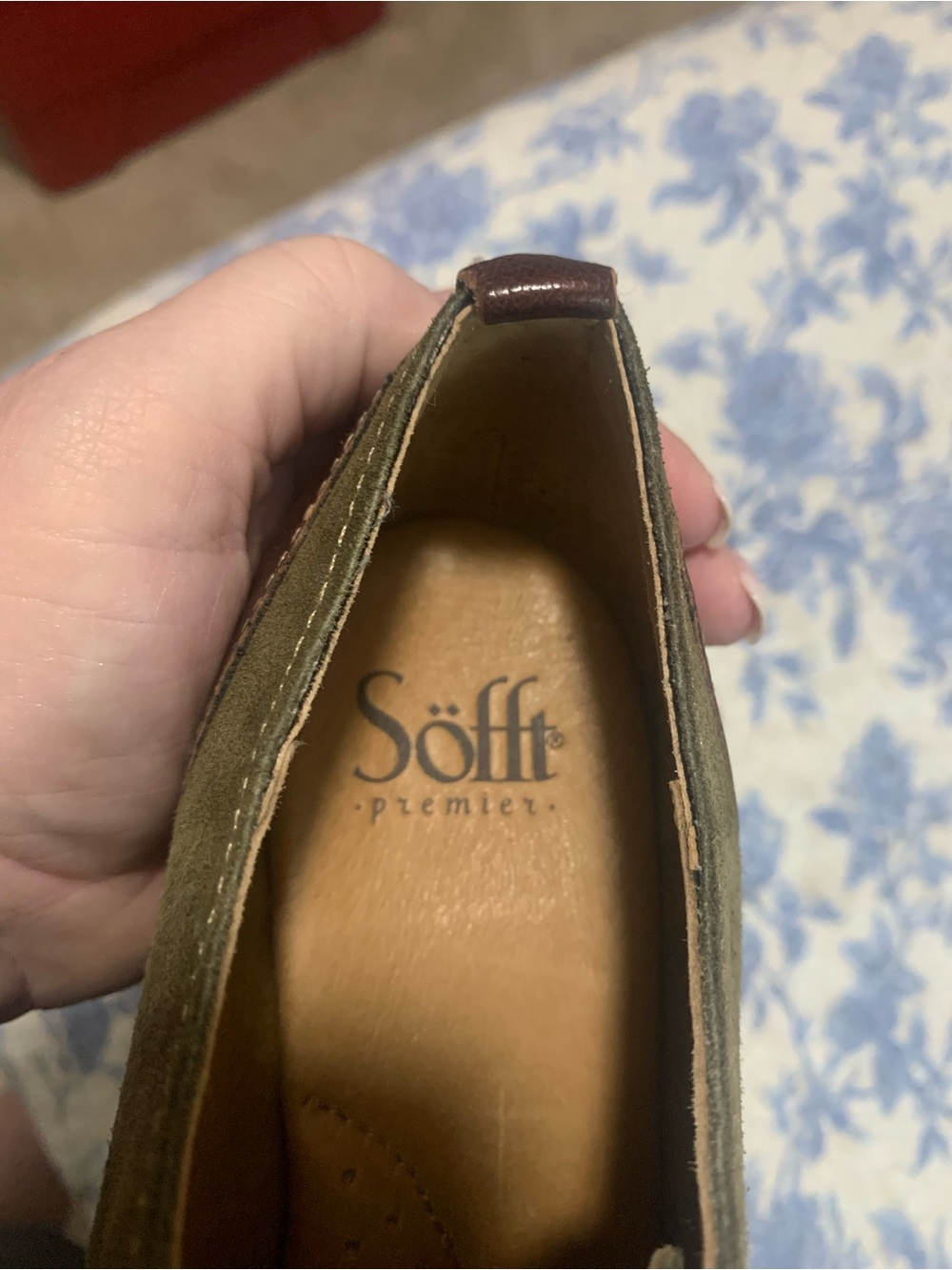 Sofft Olive Green Suede Wedge Oxfords with Brown Trim - Picture 8 of 9